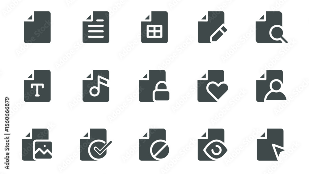Fototapete files glyph icons pack for web design. solid icon set with documents with text or tables, contract, 