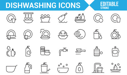 Collection of kitchen cleaning and dishwashing icons for household chores and washing routines.