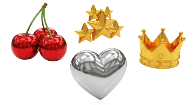 Metallic Cherries Golden Stars Silver Heart and Crown on Transparent Background Isolated Transparent Background