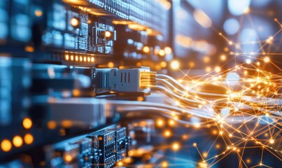 Server rack with network cables and glowing connections