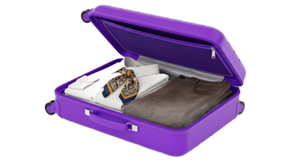 Open Purple Suitcase With White Shirt Brown Clothing and Patterned Scarf Inside Isolated Transparent Background