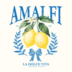 amalfi lemons la dolce vita with bow print design. summer fruit print graphics in vector. vintage grunge tecture for lemon artwork. t-shirt design for amalfi vibes.