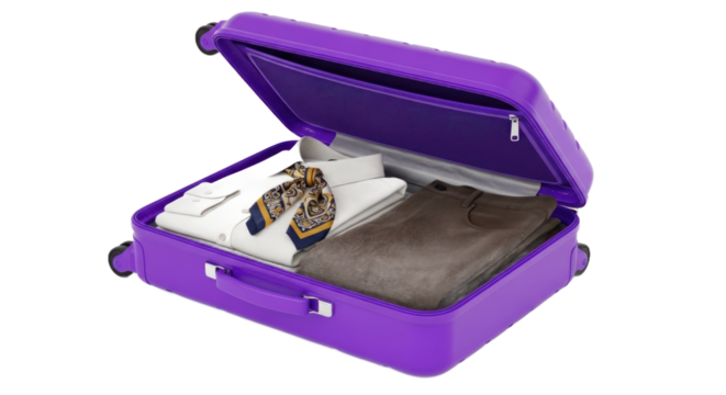 Open Purple Suitcase With White Shirt Brown Clothing and Patterned Scarf Inside Isolated Transparent Background