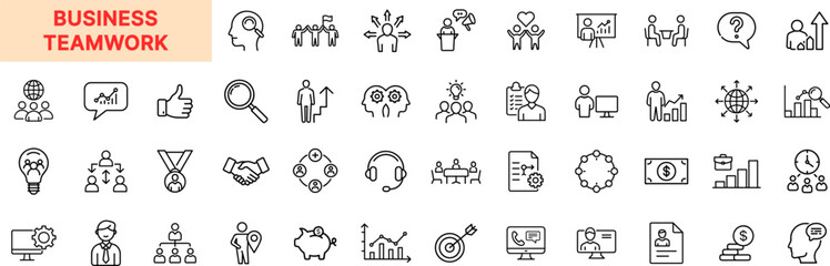 Business Teamwork Line Icon Design Featuring Office Collaboration, Group Meetings, Handshakes, Goals, Presentations, Leadership, Support, Communication, Strategy, Employees, and Corporate Success