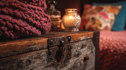 Wooden chest in cozy interior