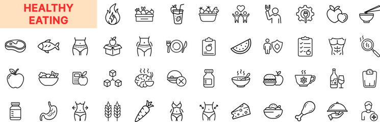 Healthy Eating Line Icon Design Featuring Fruits, Vegetables, Salads, Smoothies, Grains, Protein, Bowls, Scales, Water Bottles, Carrots, Meal Plans, Yogurt, Cheese, and Nutritional Symbols