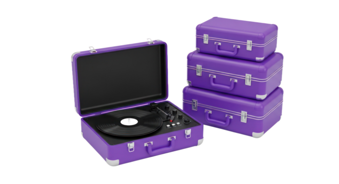 Purple Record Player And Luggage Set on Transparent Background