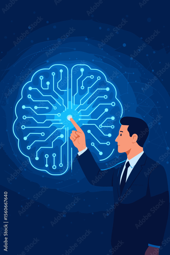 Poster businessman touching glowing ai brain. artificial intelligence and machine learning concept. digital