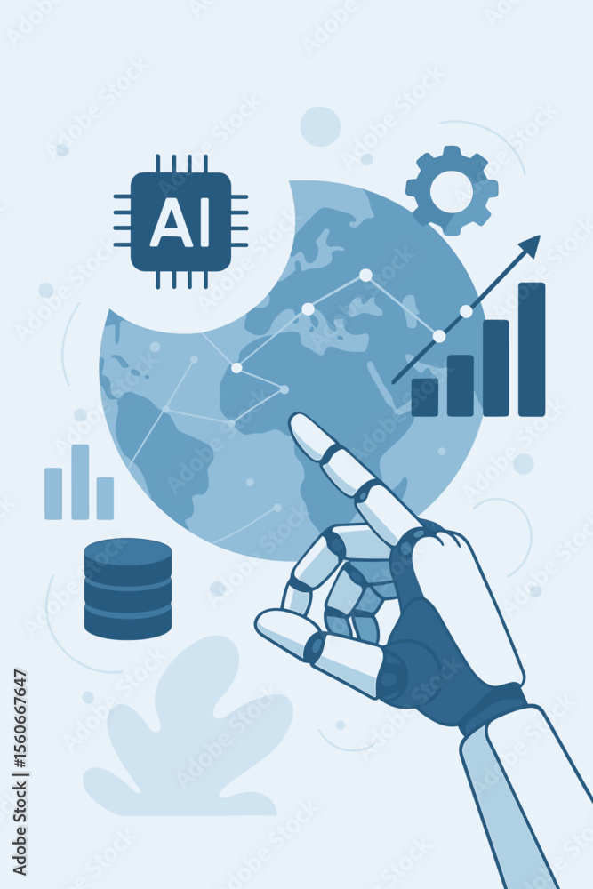 Aufkleber artificial intelligence concept. robot hand interacting with global data analytics chart. machine le
