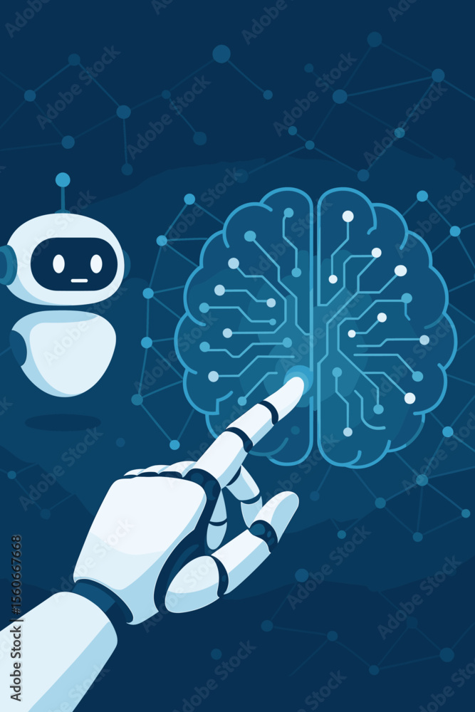 Aufkleber ai machine learning concept. robot hand touching digital brain circuit. neural network, big data pro