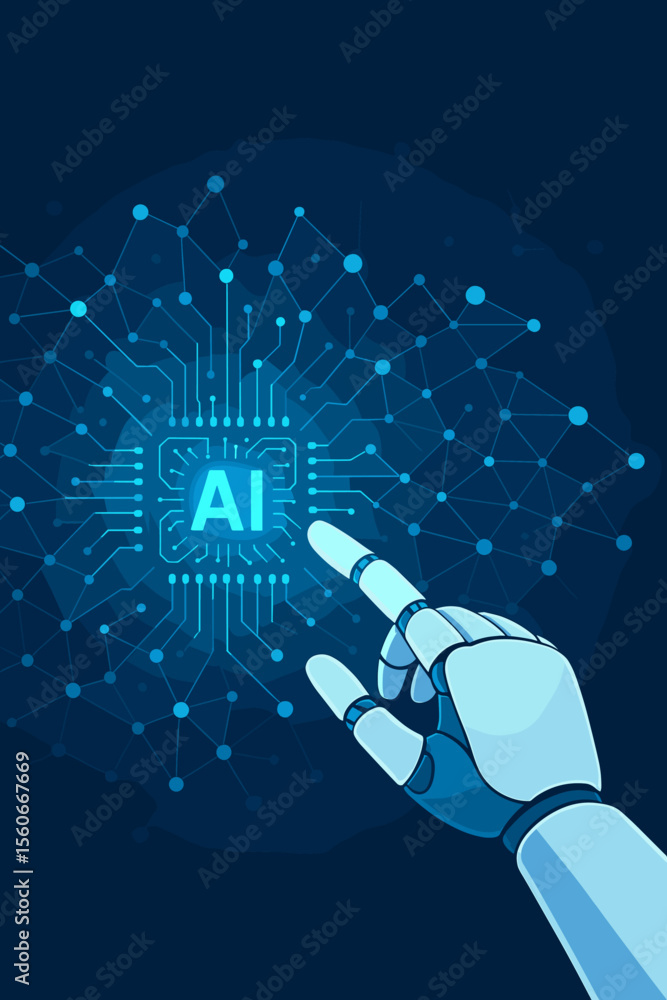 Poster robot hand touching glowing ai processor icon on a digital circuit board background. concept of mach