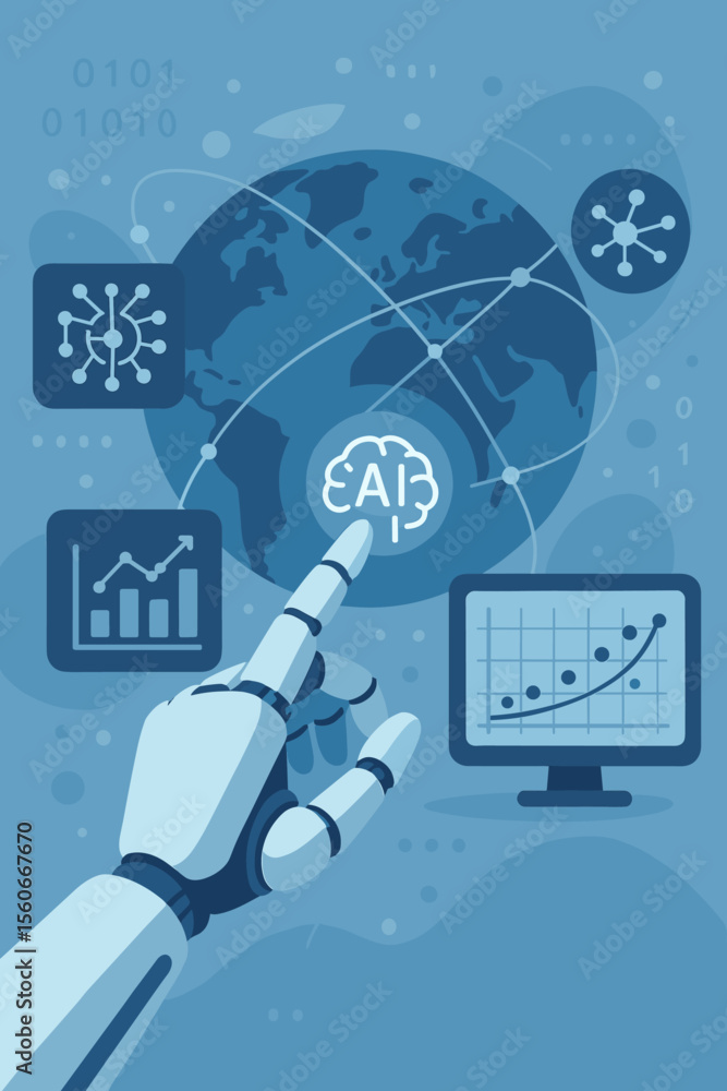 Fototapete artificial intelligence and machine learning concept. robot hand points to ai brain icon on global n
