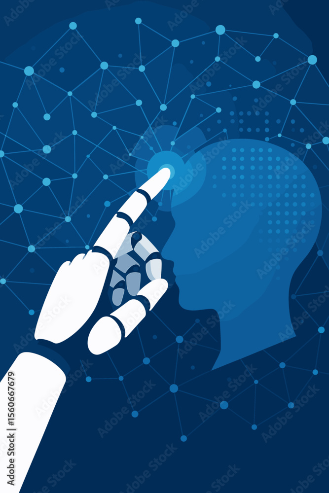 Poster robot hand touching a human head on a neural network. artificial intelligence, machine learning, and