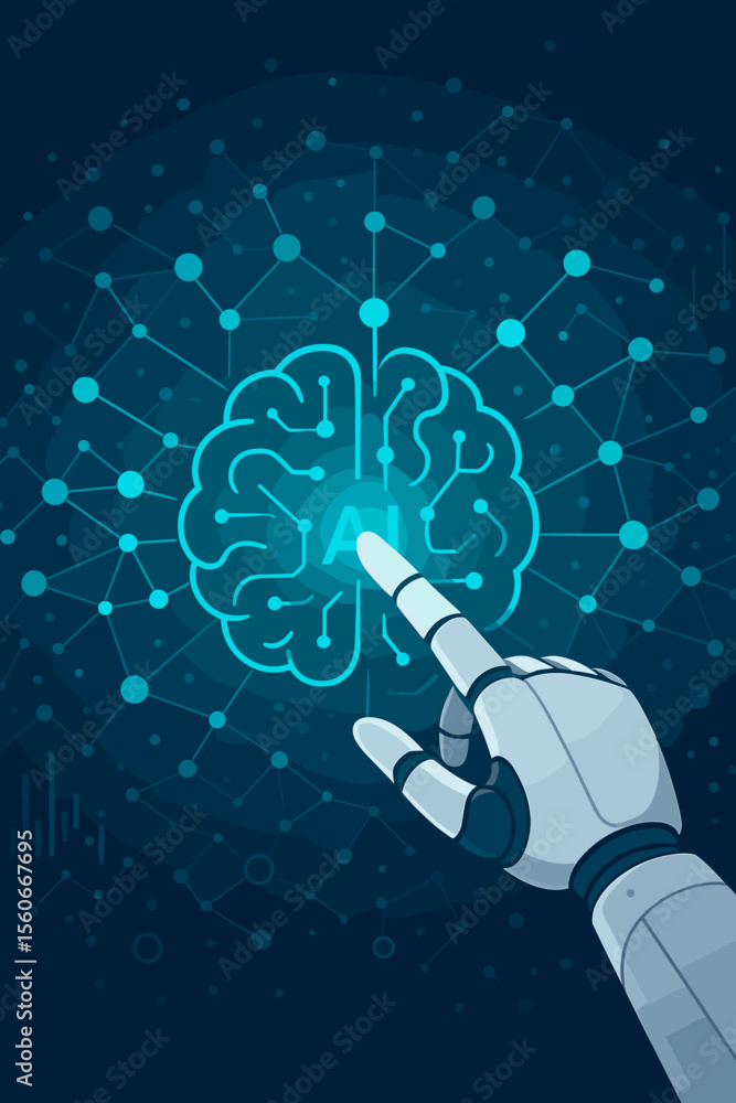 Poster robot hand touching digital brain. artificial intelligence, machine learning concept. ai technology,