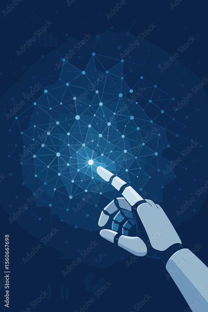 Poster ai, machine learning concept. hand of a robot touching a big data network connection point. artifici