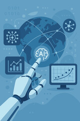 Artificial intelligence and machine learning concept. Robot hand points to AI brain icon on global network. Big data analytics, business intelligence, data science, and automation.