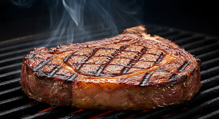 Ribeye steak grilled to perfection, thick marbling visible, crosshatch grill marks and a touch of smoke rising in the background.