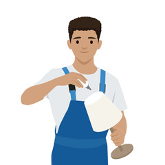 Young man in blue overalls fixes a lamp with a screwdriver, skill and precision in home maintenance. Flat vector illustration isolated on white background
