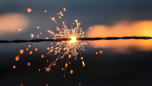 A sparkler ignites on a barbed wire fence against a twilight sky.  Sparkling light bursts outward, creating a fiery effect.  Blurred, soft focus of the background suggests a tranquil atmosphere