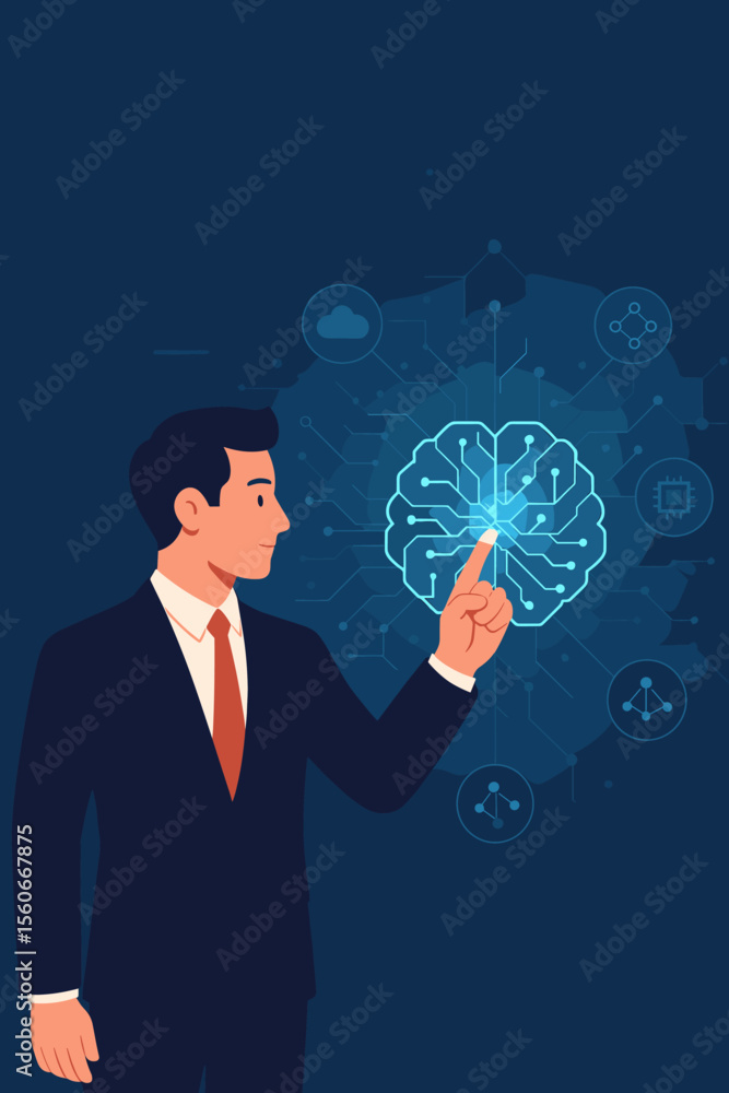 Poster businessman in suit interacting with digital brain interface, artificial intelligence technology, fu