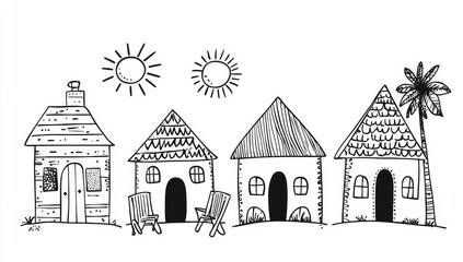 Fototapeta premium Simple black and white sketch of three small houses. Beachy, summery feel. Two chairs shown in front of each house. Sun and palm tree