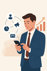 Businessman in suit using smartphone with digital marketing, data analytics, growth graph, customer management, online banking, payment, financial planning, mobile business technology concept