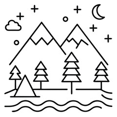 Fototapeta premium Minimalist Line Icons of Forest Night Scene Mountains, Trees, and Tent