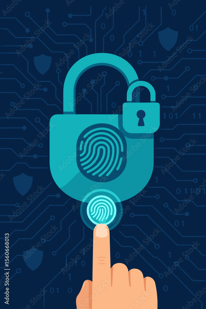 Poster cyber security fingerprint authentication, double padlock protection, biometric login verification, 
