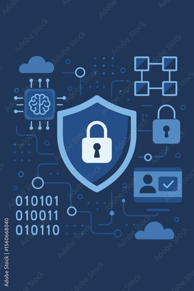 Poster cyber security network data protection technology interface. ai security, blockchain, digital padloc