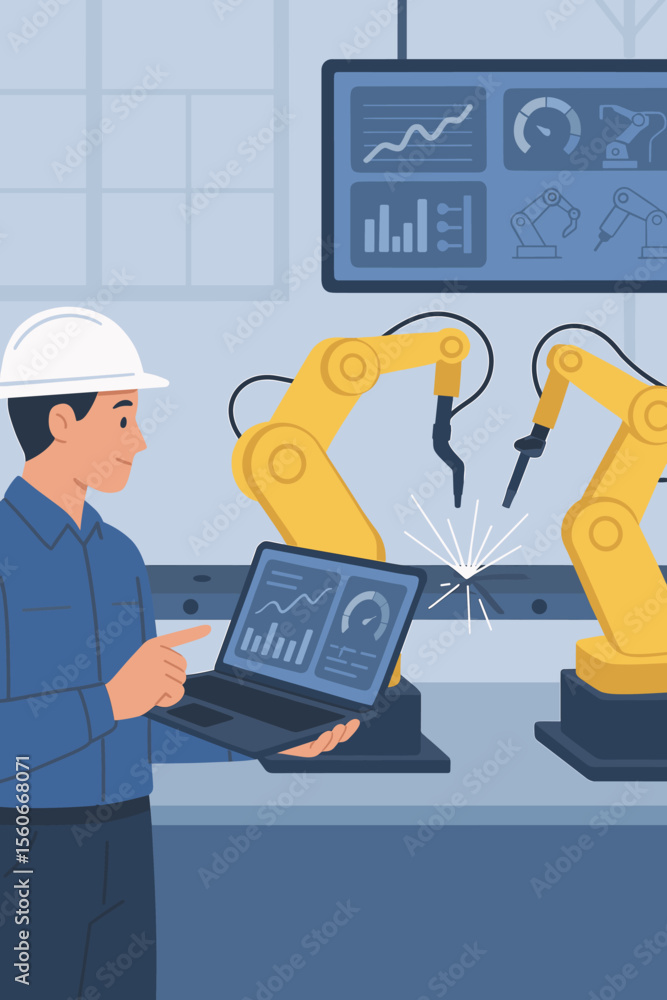 Poster engineer monitoring and controlling robotic welding arms in smart factory, industrial automation, ma