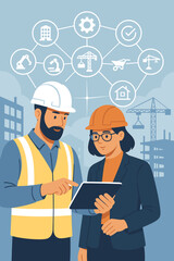 Construction project planning teamwork. Civil engineer and architect using digital tablet for building site analysis. Modern technology, innovation, virtual network icons, teamwork, urban development.