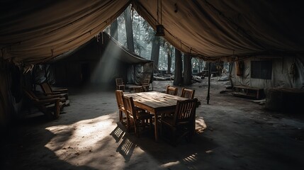 Rustic camping tent interior with wooden table with chairs, forest backdrop, and sunny light.