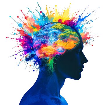 Vibrant Creative Mind: Human Head with Colorful Brain as a Tree and Exploding Paint Splashes