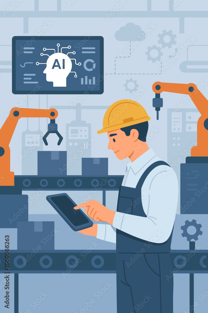 Poster industry 4.0 ai technology, professional engineer using tablet to control smart manufacturing factor