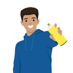 Young man in a blue hoodie holds up a yellow spray paint can, ready for creative expression. Flat vector illustration isolated on white background