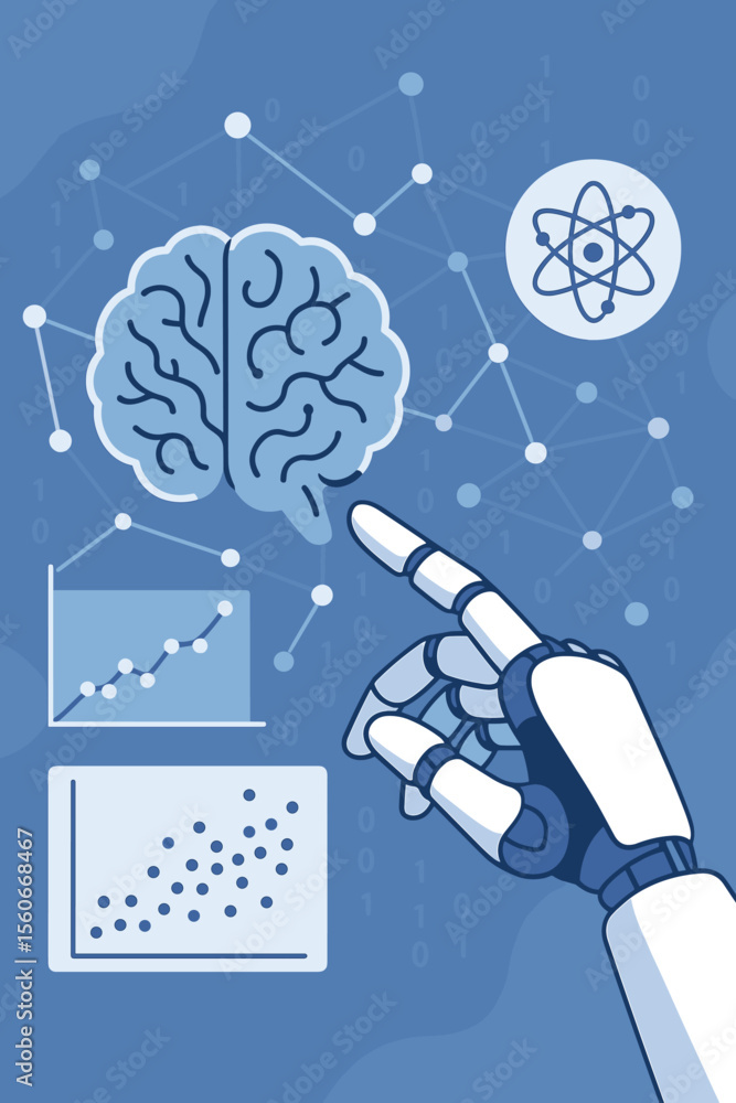 Poster artificial intelligence robot hand interacting with brain, data science charts, neural network, deep