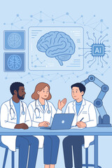Medical team meeting analyzing brain scan results with AI technology, virtual interface, robotics, doctors discussing diagnosis, neuroscience innovation, digital healthcare concept