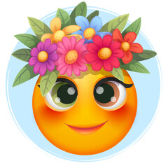 Naklejka premium Female summer emoji with tropical flowers on white background. Cheerful summer emoticon with happy smiling face shows joy. Positive vibes, good mood, vacation, travel, holiday concept