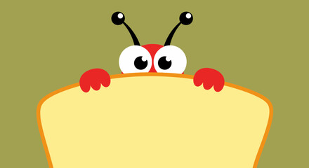 Cartoon Bug Peeking Over a Blank Yellow Signboard