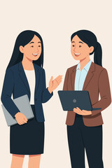 Asian businesswomen teamwork discussion. Professional women colleagues standing, holding laptop and tablet, communicating, collaborating, brainstorming ideas. Office meeting. Flat vector illustration.