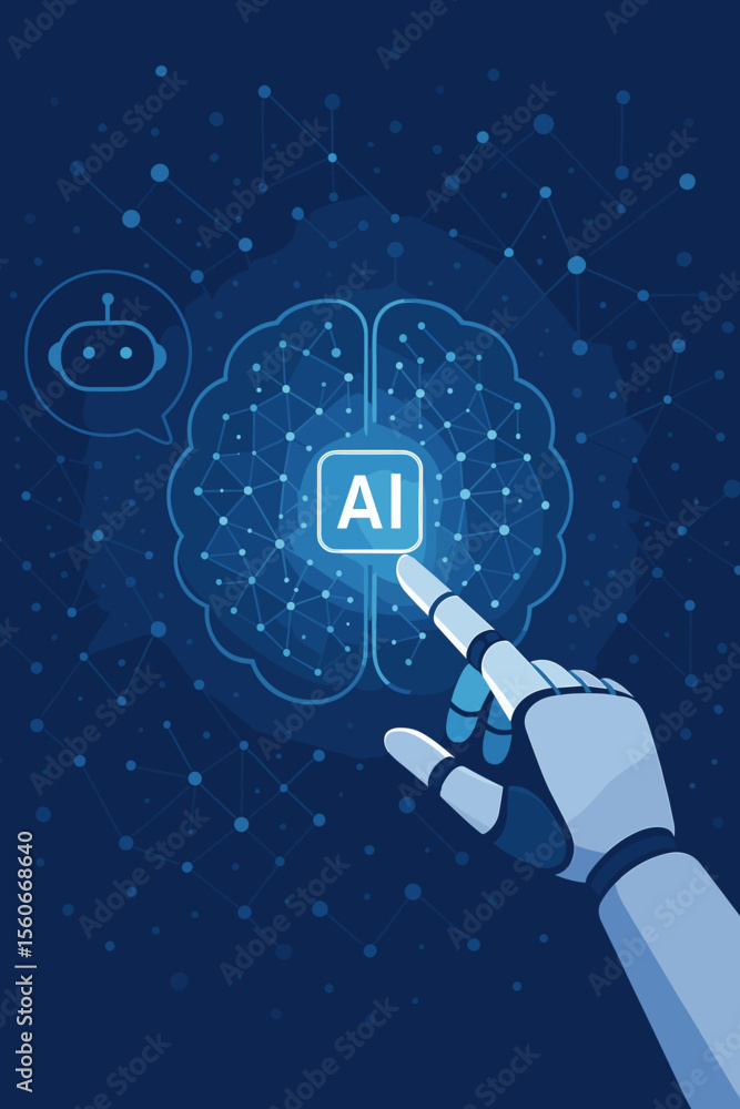 Aufkleber artificial intelligence futuristic concept. robot hand touching a glowing ai button inside a digital