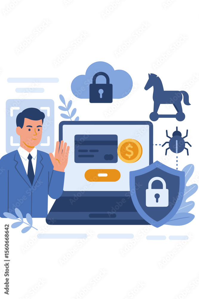 Poster man using biometric facial recognition for secure online payment on laptop. cybersecurity concept wi