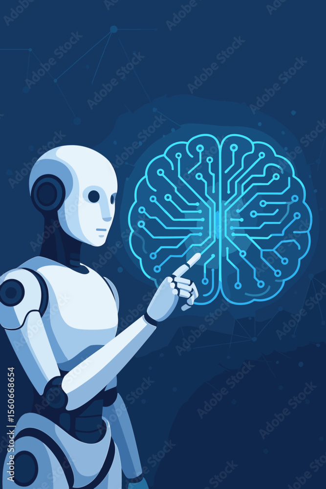 Poster ai robot pointing at a glowing digital brain icon. artificial intelligence, machine learning, neural
