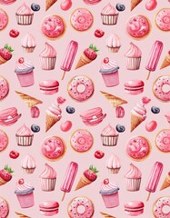 Seamless watercolor pattern with cute pink desserts: cupcakes, donuts, ice cream, macarons, berries. Ideal for prints, banners, and packaging. Sweet pastel design on light background. AI