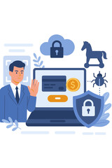 Man using biometric facial recognition for secure online payment on laptop. Cybersecurity concept with shield protecting financial data from trojan horse, virus and malware threats.