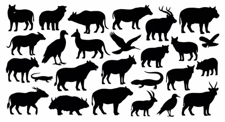 Collection of Black Silhouettes of Various Animals in Profile View