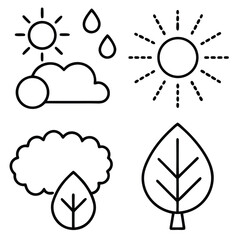 Thin-Line Art Icons Sun, Tree, Leaf, Cloud, and Rain - Nature Illustrations