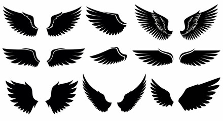 Collection of Nine Black Silhouette Angel Wings Vector Illustrations