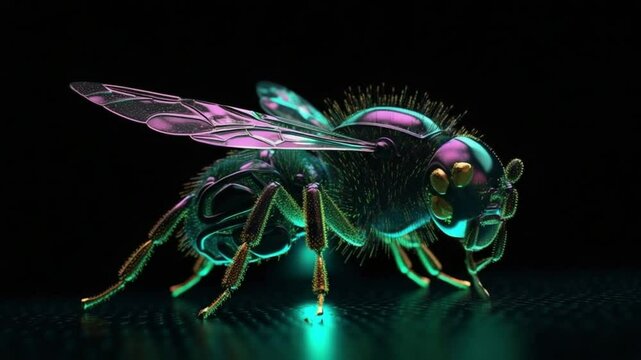 Futuristic iridescent insect on black background, a visually captivating sci-fi animation