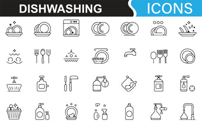 Line art symbols for dishwashing tasks, including washing dishes, water flow, and cleaning utensils.